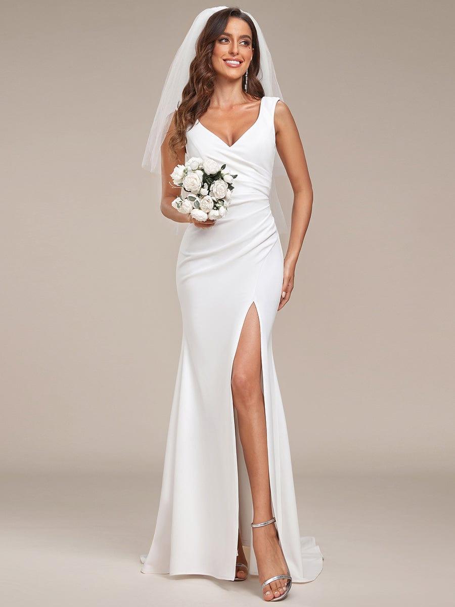 Ruched Bodycon Deep V-Neck Sleeveless Simple Wedding Dress #color_White Ruched Bodycon Deep V-Neck Sleeveless Simple Wedding Dress
