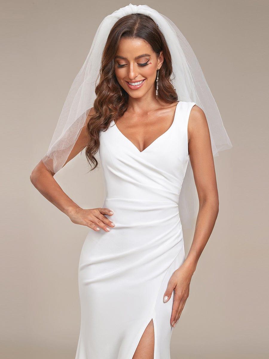 Ruched Bodycon Deep V-Neck Sleeveless Simple Wedding Dress #color_White Ruched Bodycon Deep V-Neck Sleeveless Simple Wedding Dress