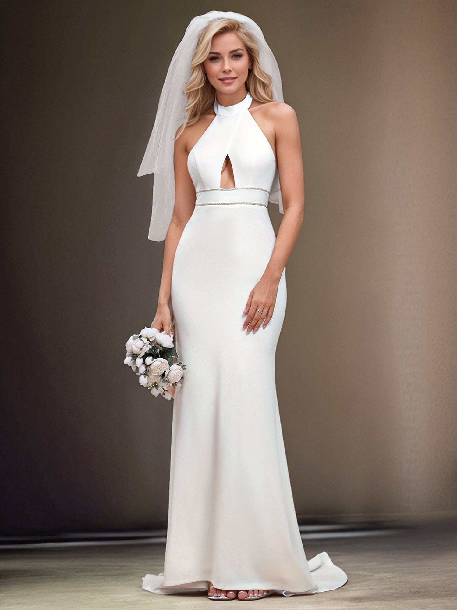 Halter Hollow Out Sleeveless Waist Detail Mermaid Wedding Dress #color_White