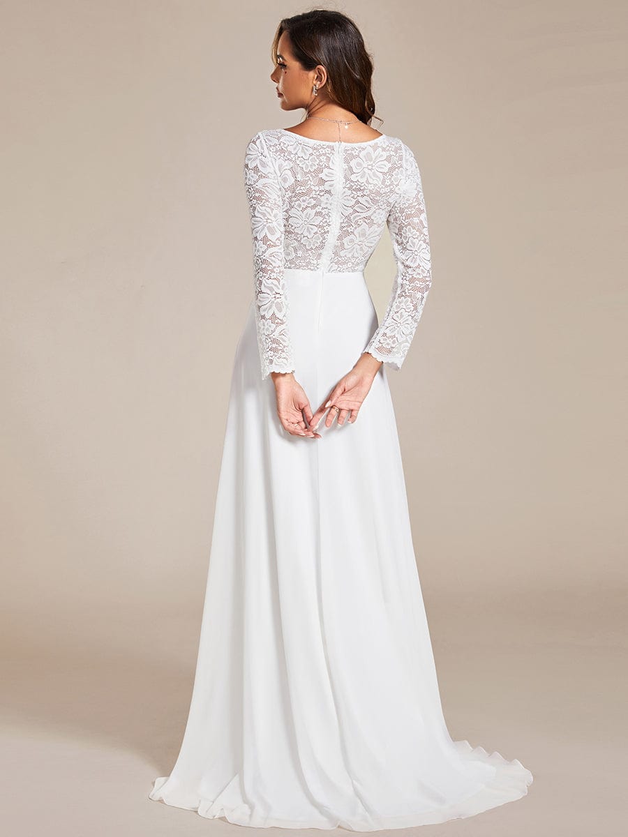 Lace Long Sleeves Eyelash Edge Bodycon Mermaid Chiffon Wedding Dress #color_White Lace Long Sleeves Eyelash Edge Bodycon Mermaid Chiffon Wedding Dress