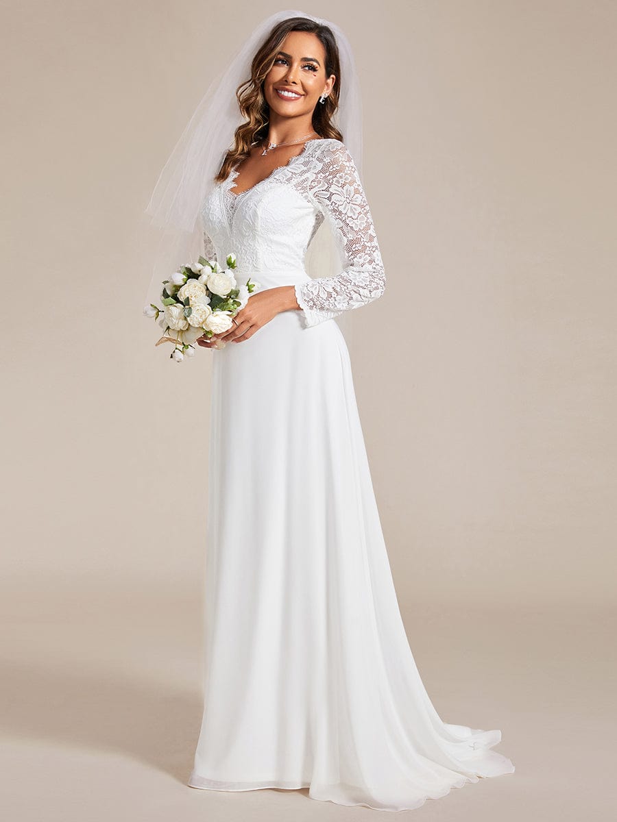 Lace Long Sleeves Eyelash Edge Bodycon Mermaid Chiffon Wedding Dress #color_White Lace Long Sleeves Eyelash Edge Bodycon Mermaid Chiffon Wedding Dress