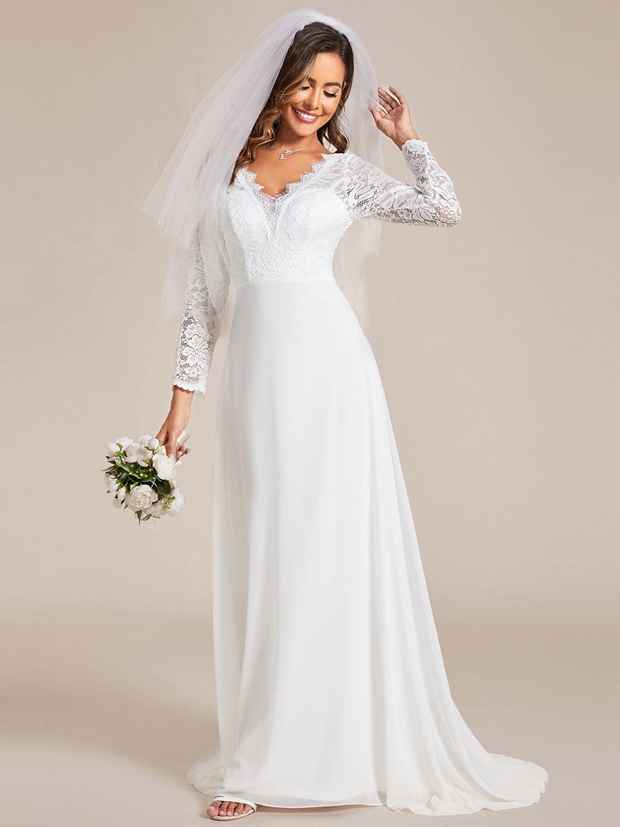 Lace Long Sleeves Eyelash Edge Bodycon Mermaid Chiffon Wedding Dress #color_White Lace Long Sleeves Eyelash Edge Bodycon Mermaid Chiffon Wedding Dress