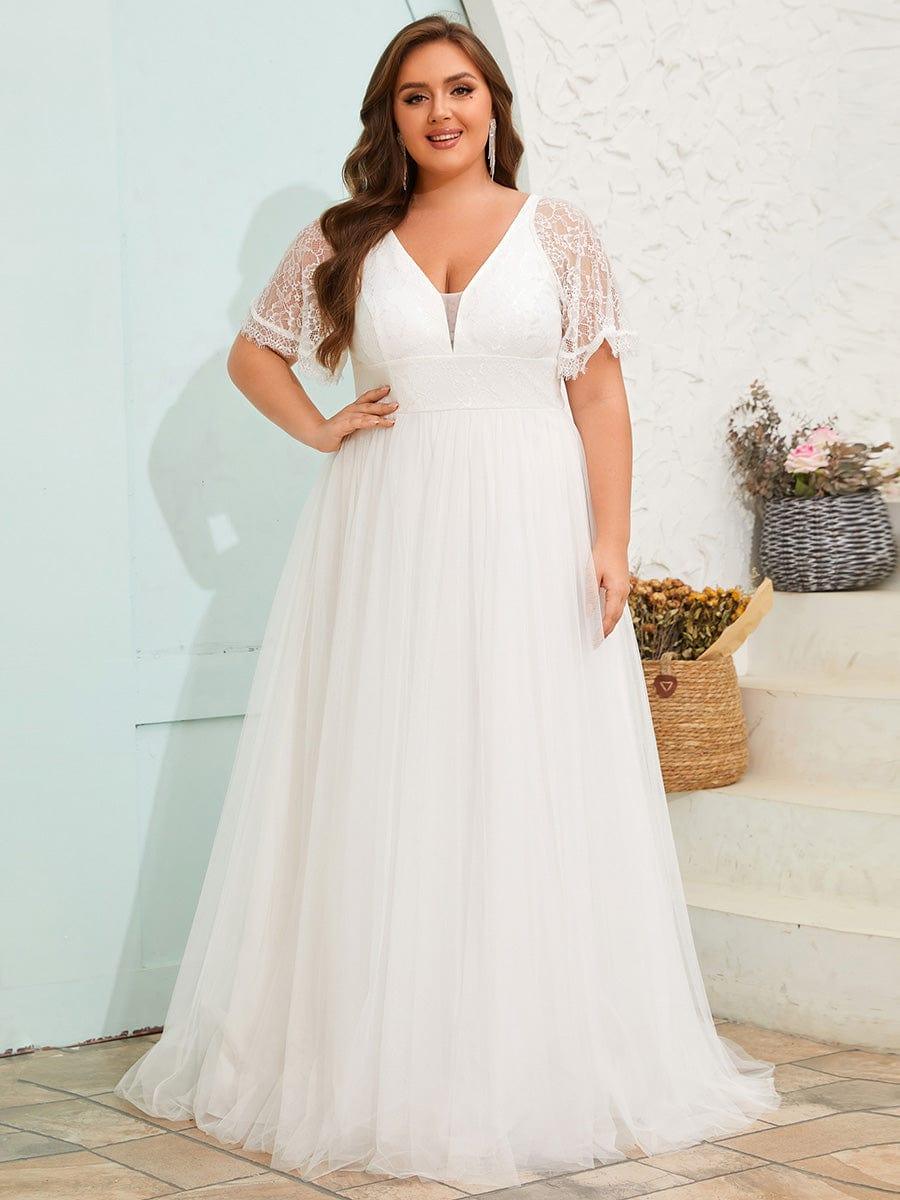 Dreamy Plus Size V-Neck Lace Short Sleeves Tulle Wedding Dresses #color_White