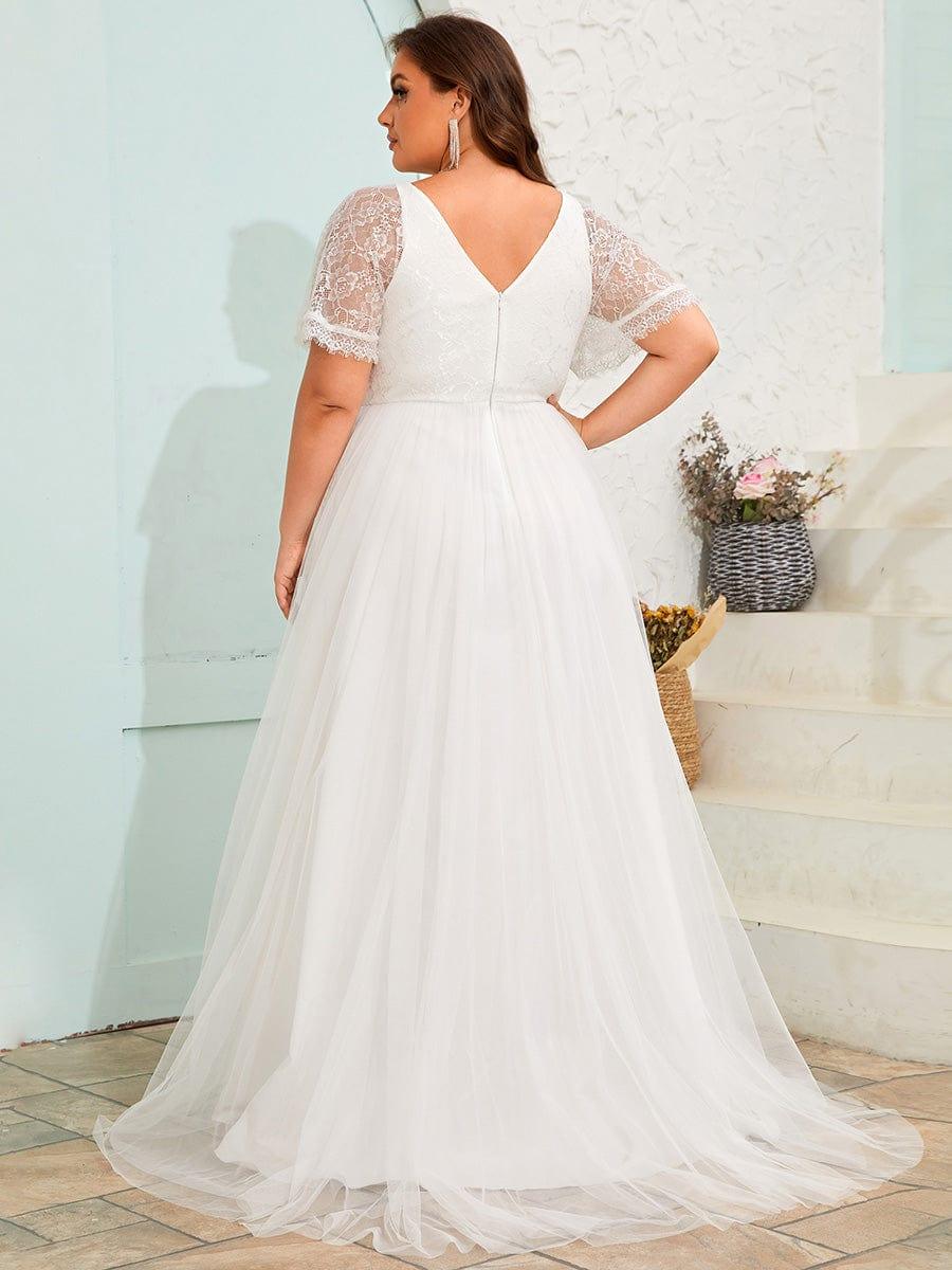 V-Neck Tulle Wedding Dresses with Lace Short Sleeves #color_White