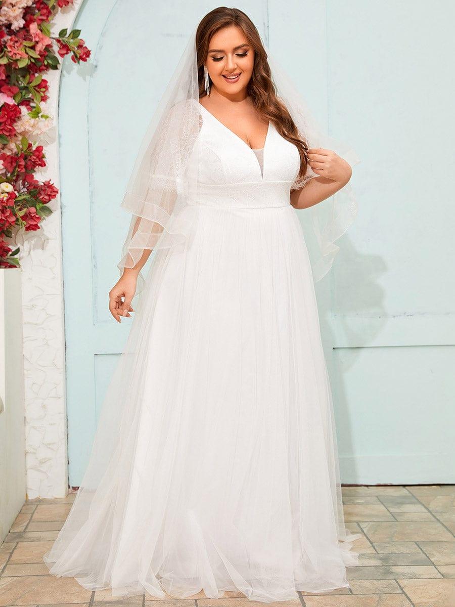 Dreamy Plus Size V-Neck Lace Short Sleeves Tulle Wedding Dresses #color_White