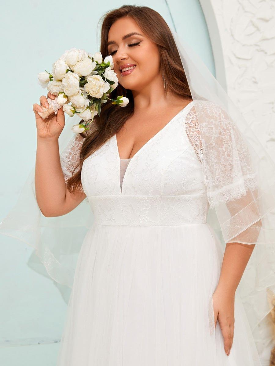 V-Neck Tulle Wedding Dresses with Lace Short Sleeves #color_White