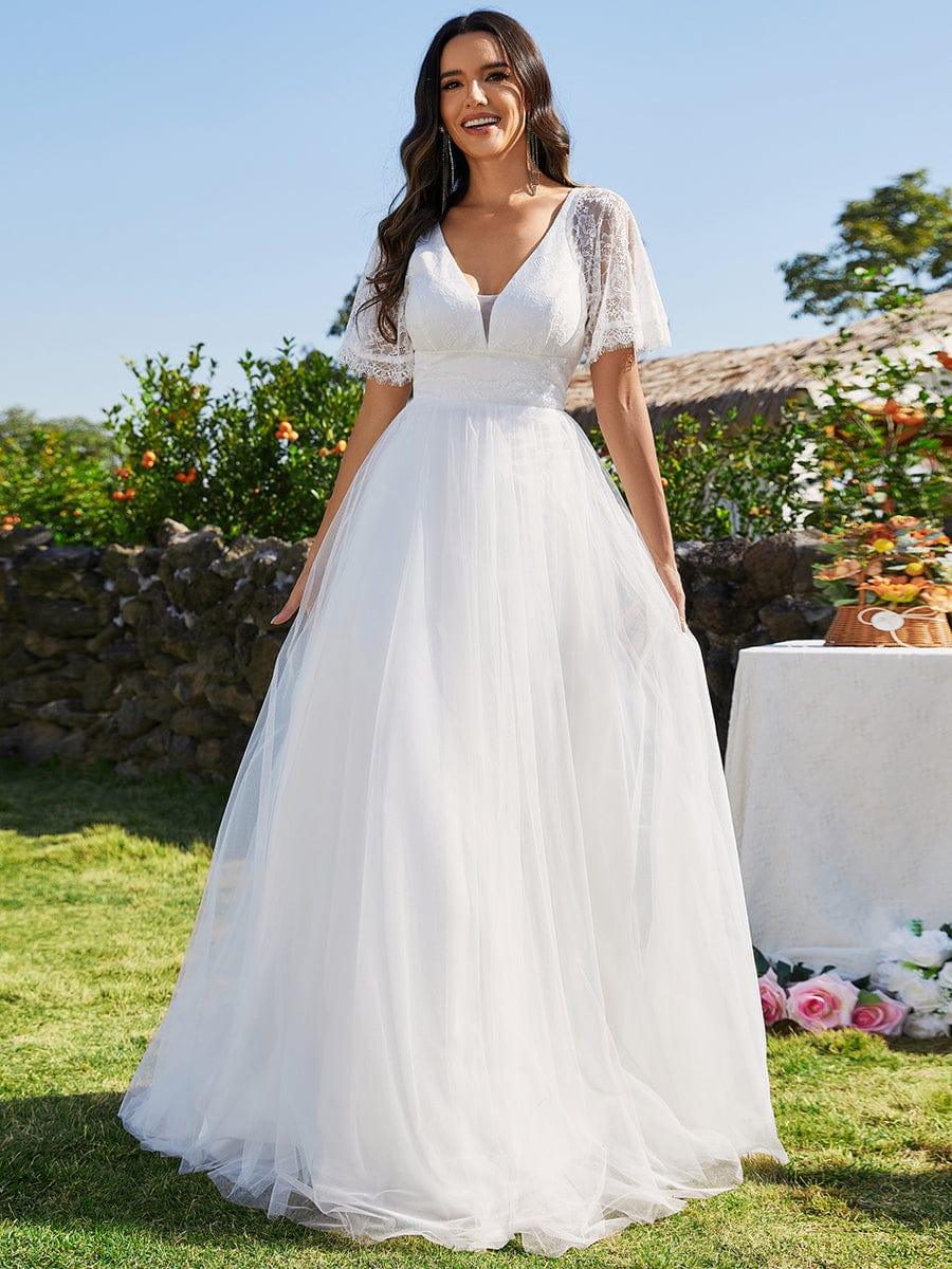 V-Neck Tulle Wedding Dresses with Lace Short Sleeves #color_White