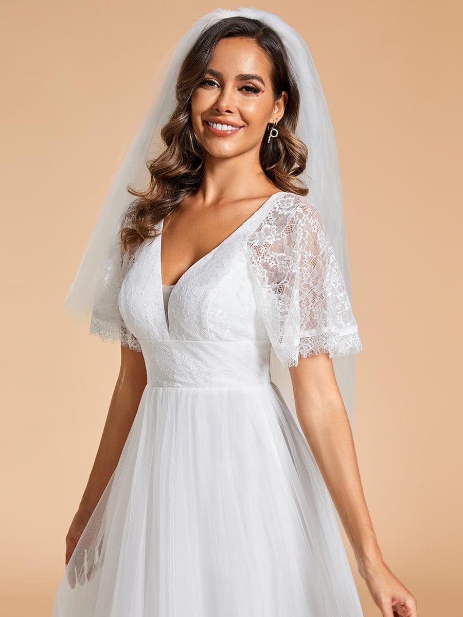 V-Neck Tulle Wedding Dresses with Lace Short Sleeves #color_White