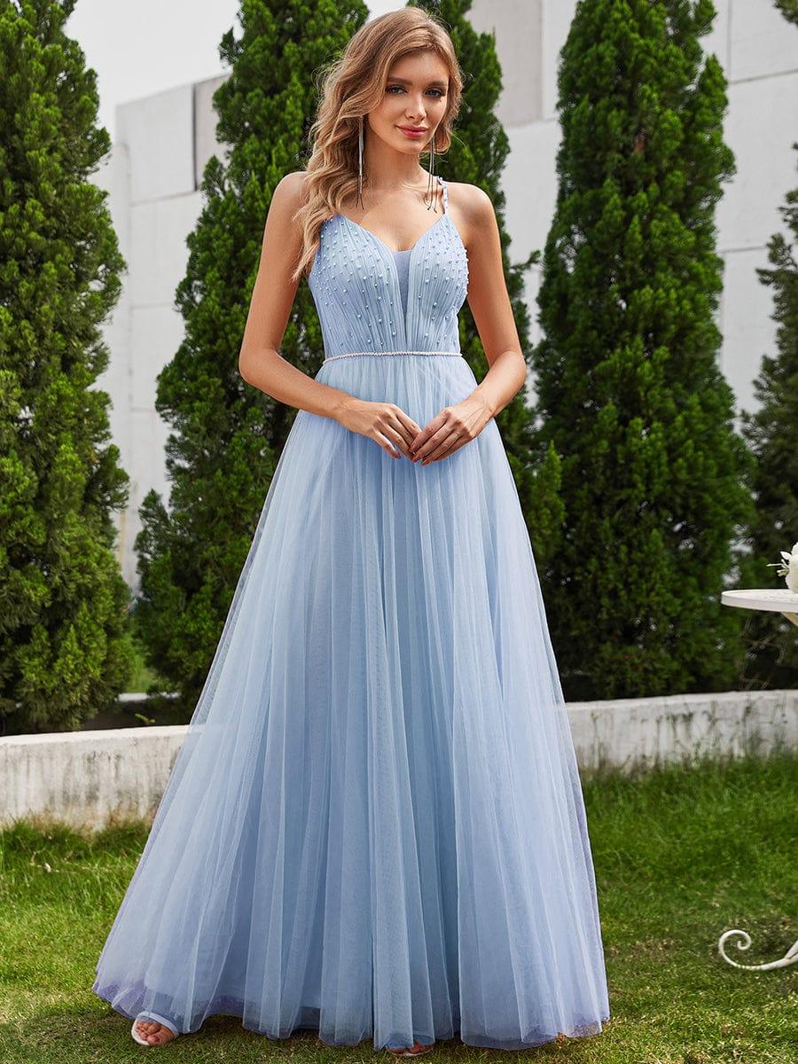 V-Neck A-Line Wedding Dress featuring Delicate Pearl Accents #color_Light Blue