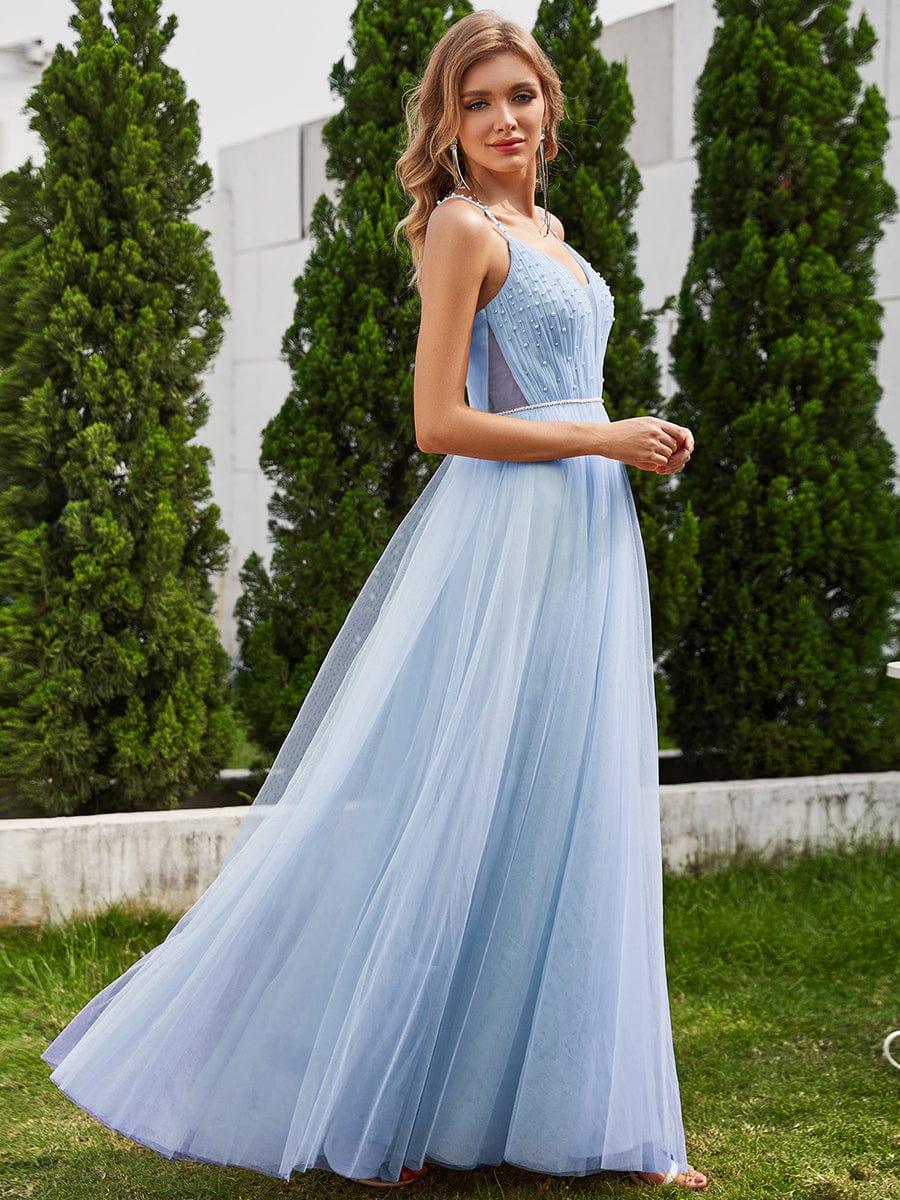 V-Neck A-Line Wedding Dress featuring Delicate Pearl Accents #color_Light Blue