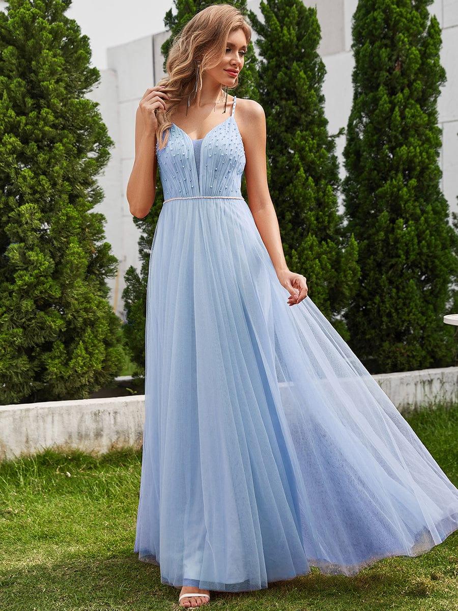 V-Neck A-Line Wedding Dress featuring Delicate Pearl Accents #color_Light Blue