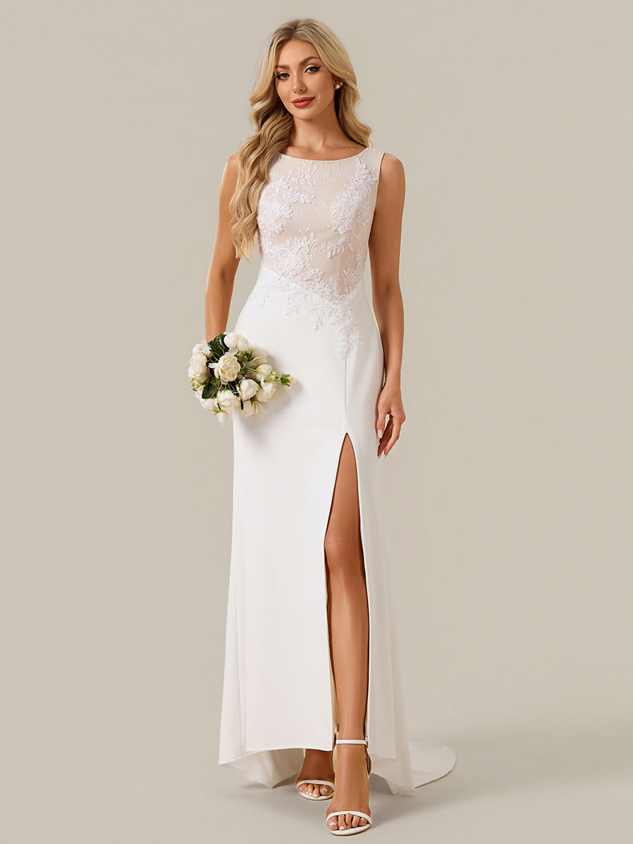 Floral Knit Sleeveless Wedding Dress #color_White