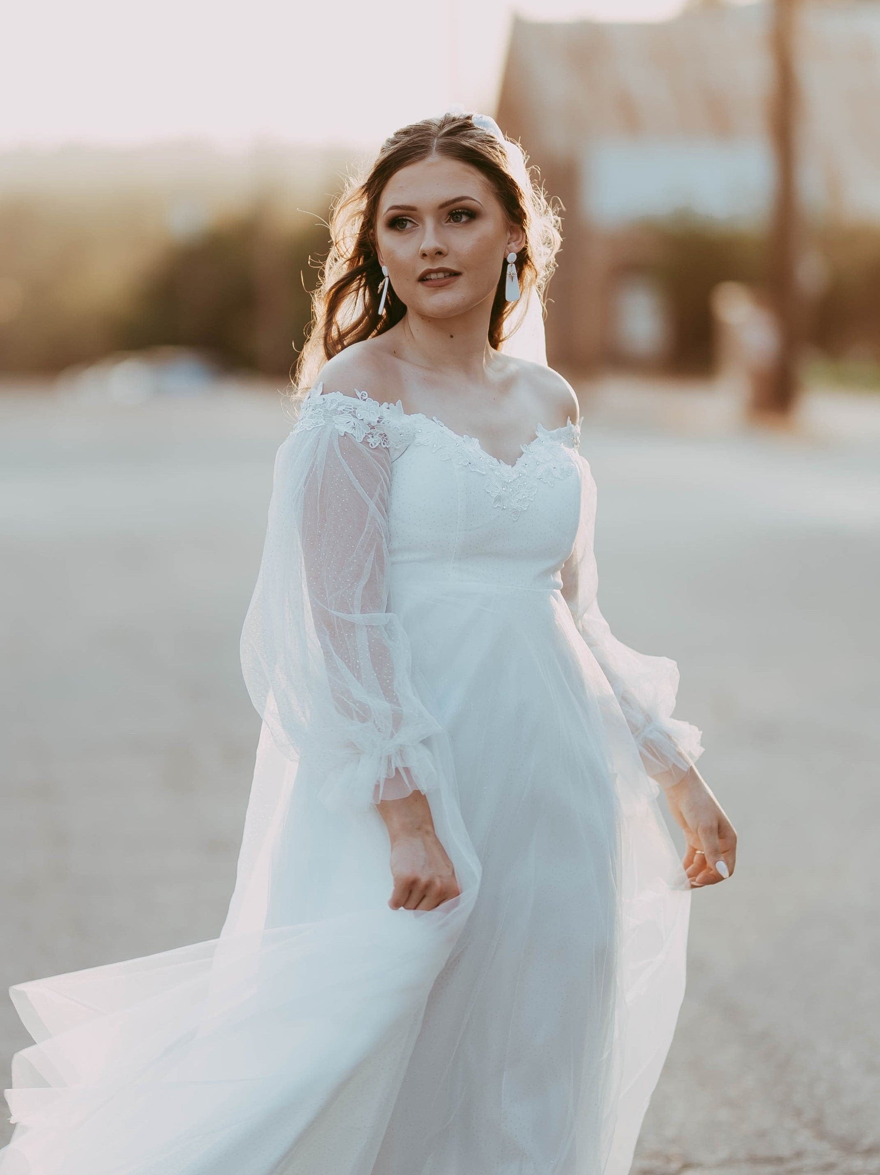 Sheer Lantern Sleeve Off the Shoulder Wedding Dress #color_Cream Sheer Lantern Sleeve Off the Shoulder Wedding Dress