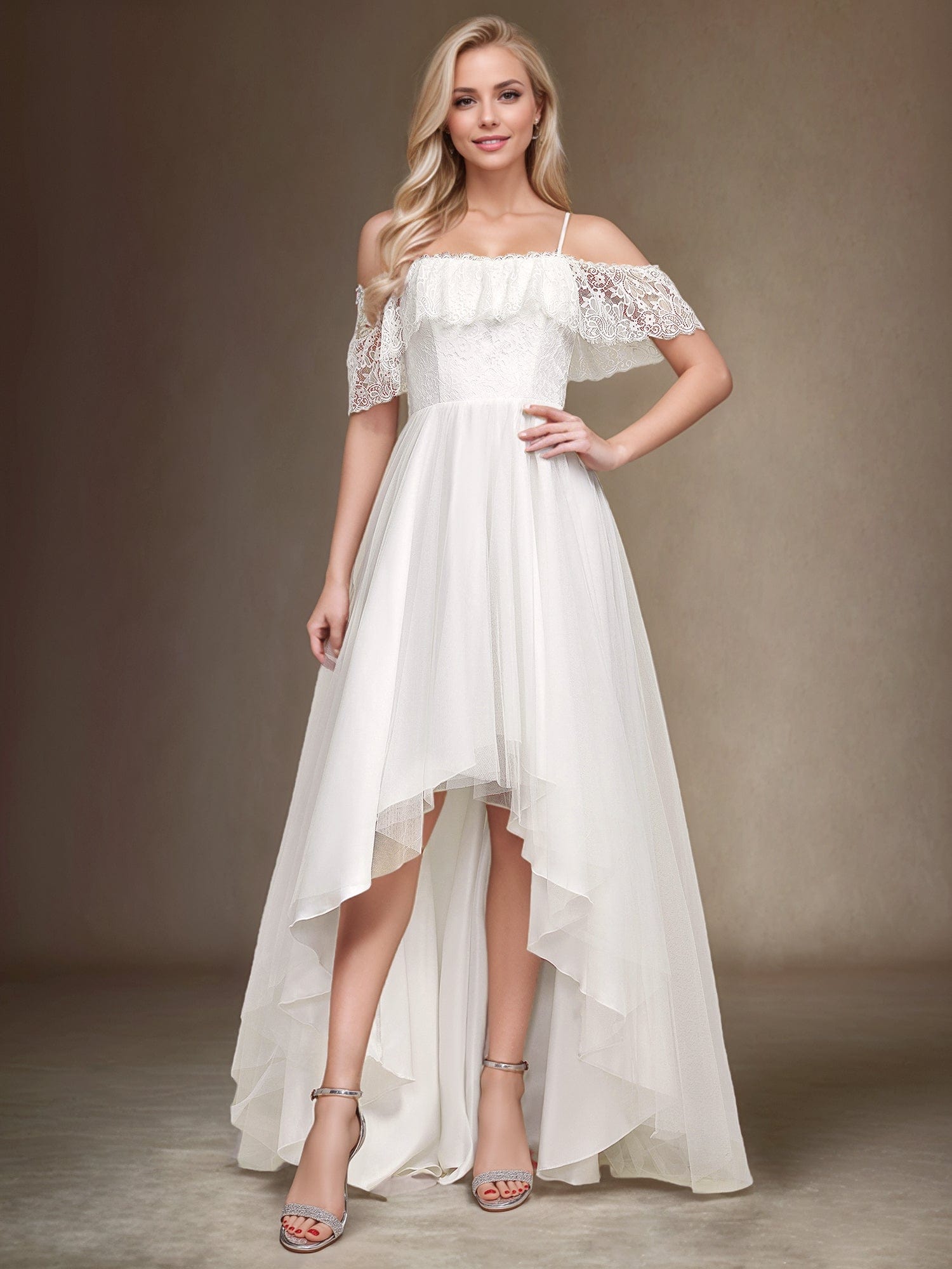 Cold Shoulder Lace High-Low Wedding Dress #color_Cream