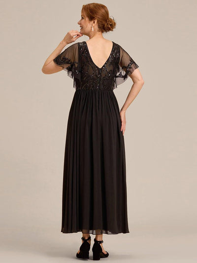 Short Sleeve V-Neck Sequin Chiffon A-Line Mother of the Bride Dress #Color_Black
