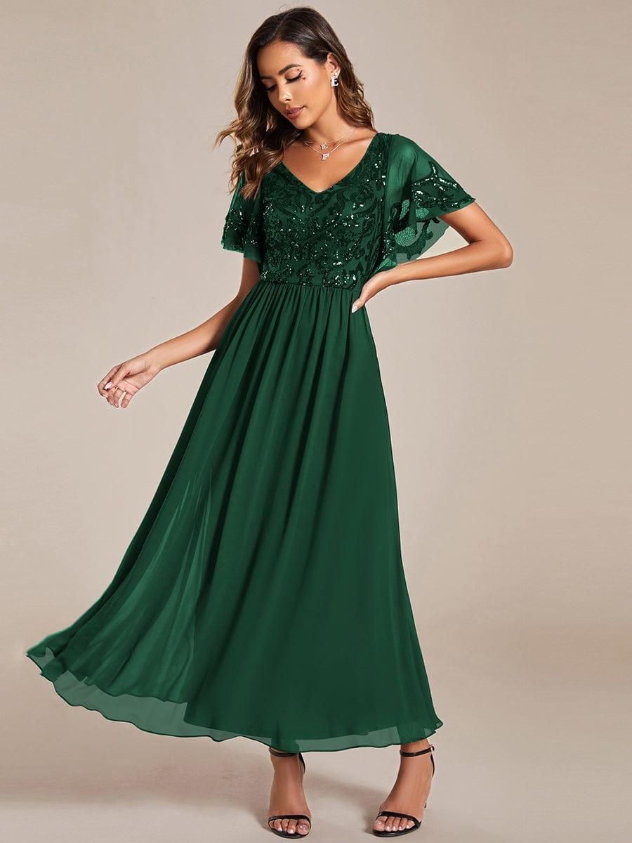 Elegant V-Neck Sequin A-Line Short Sleeves Chiffon Midi Formal Dress #Color_Dark Green