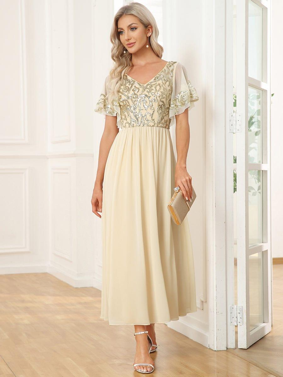 Elegant V-Neck Sequin A-Line Short Sleeves Chiffon Midi Formal Dress #Color_Gold