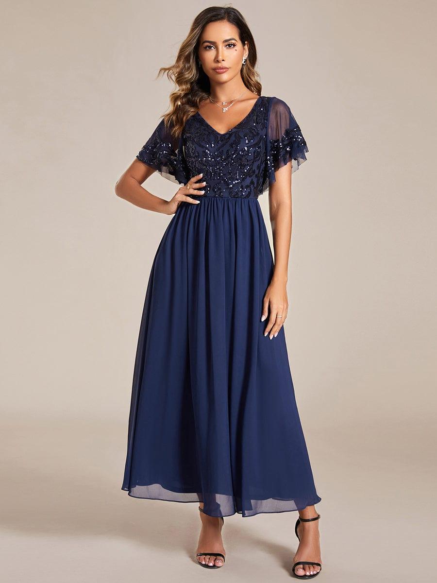 Elegant V-Neck Sequin A-Line Short Sleeves Chiffon Midi Formal Dress #Color_Navy Blue