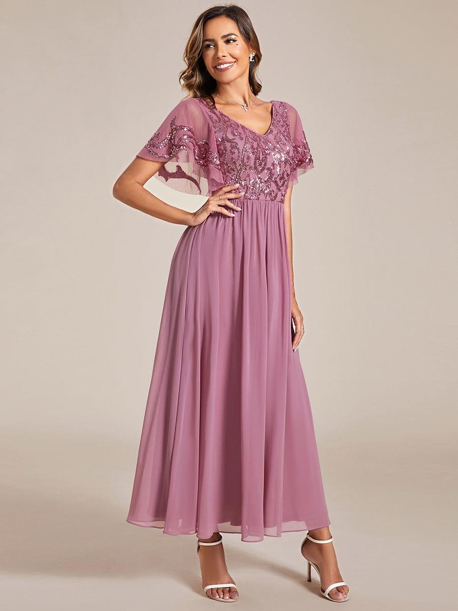 Elegant V-Neck Sequin A-Line Short Sleeves Chiffon Midi Formal Dress #Color_Purple Orchid