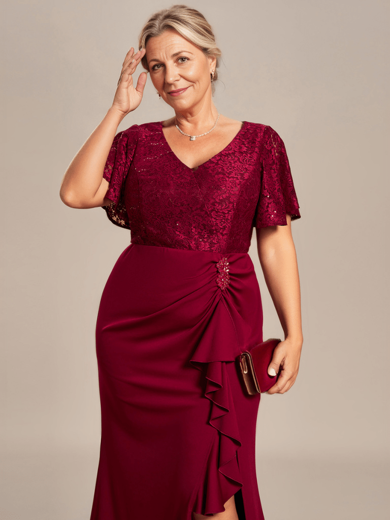 Plus Size Lotus Leaf Hemline Bodycon Lace Top Mother of the Bride Dress #color_Burgundy Plus Size Lotus Leaf Hemline Bodycon Lace Top Mother of the Bride Dress