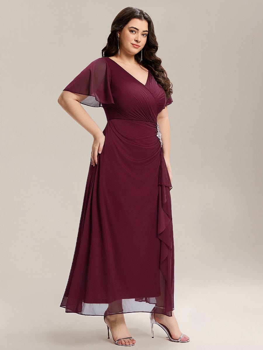 Rhinestone Embellished Chiffon Ruffle Sleeve Dress #color_Burgundy
