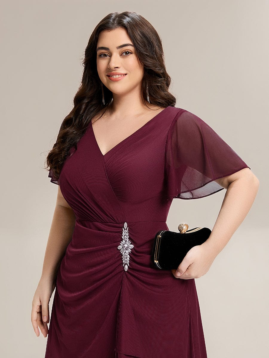 Rhinestone Embellished Chiffon Ruffle Sleeve Dress #color_Burgundy