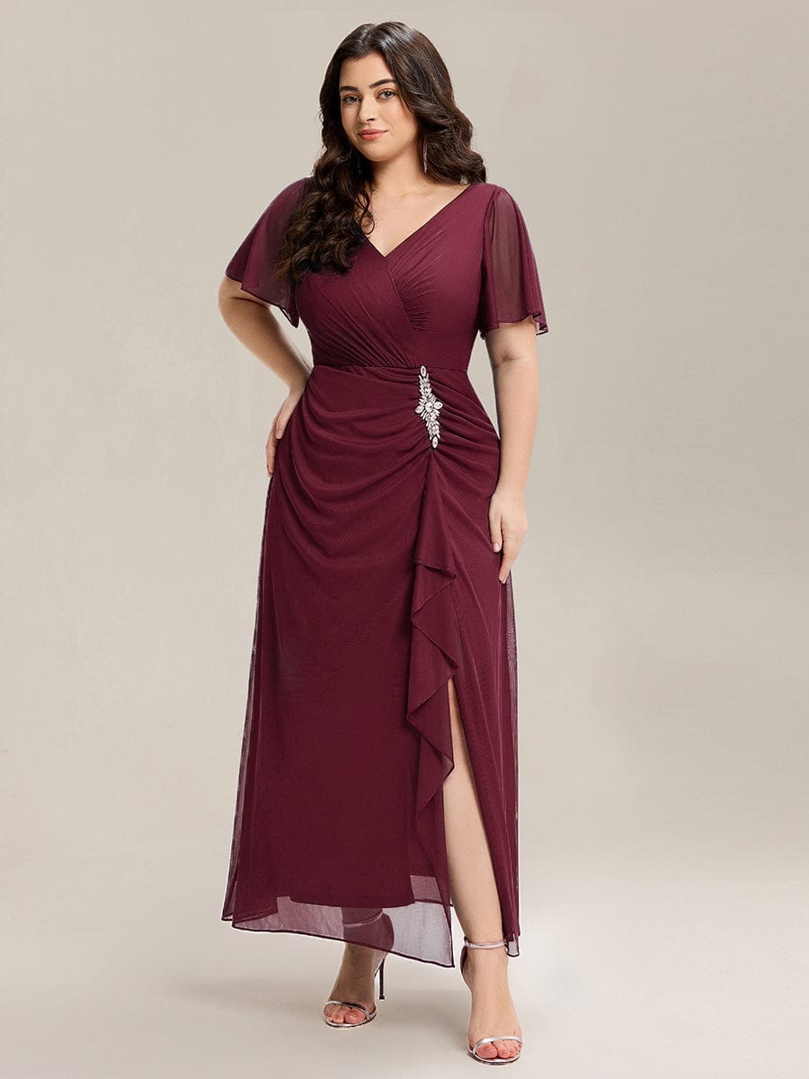 Rhinestone Embellished Chiffon Ruffle Sleeve Dress #color_Burgundy
