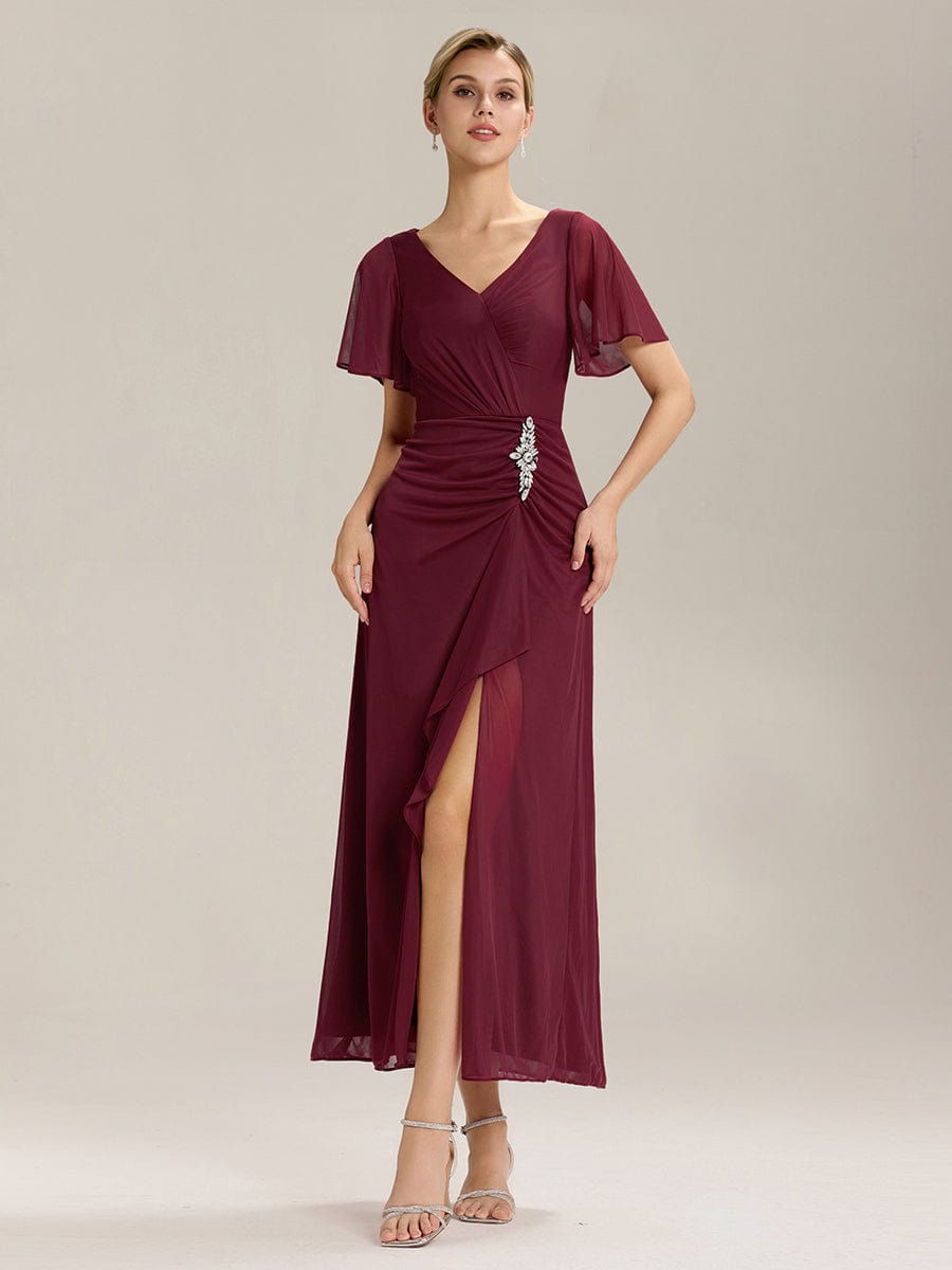 Side Split Chiffon Ruffle Sleeve Dress #color_Burgundy