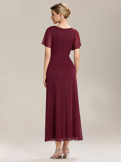 Side Split Chiffon Ruffle Sleeve Dress #color_Burgundy