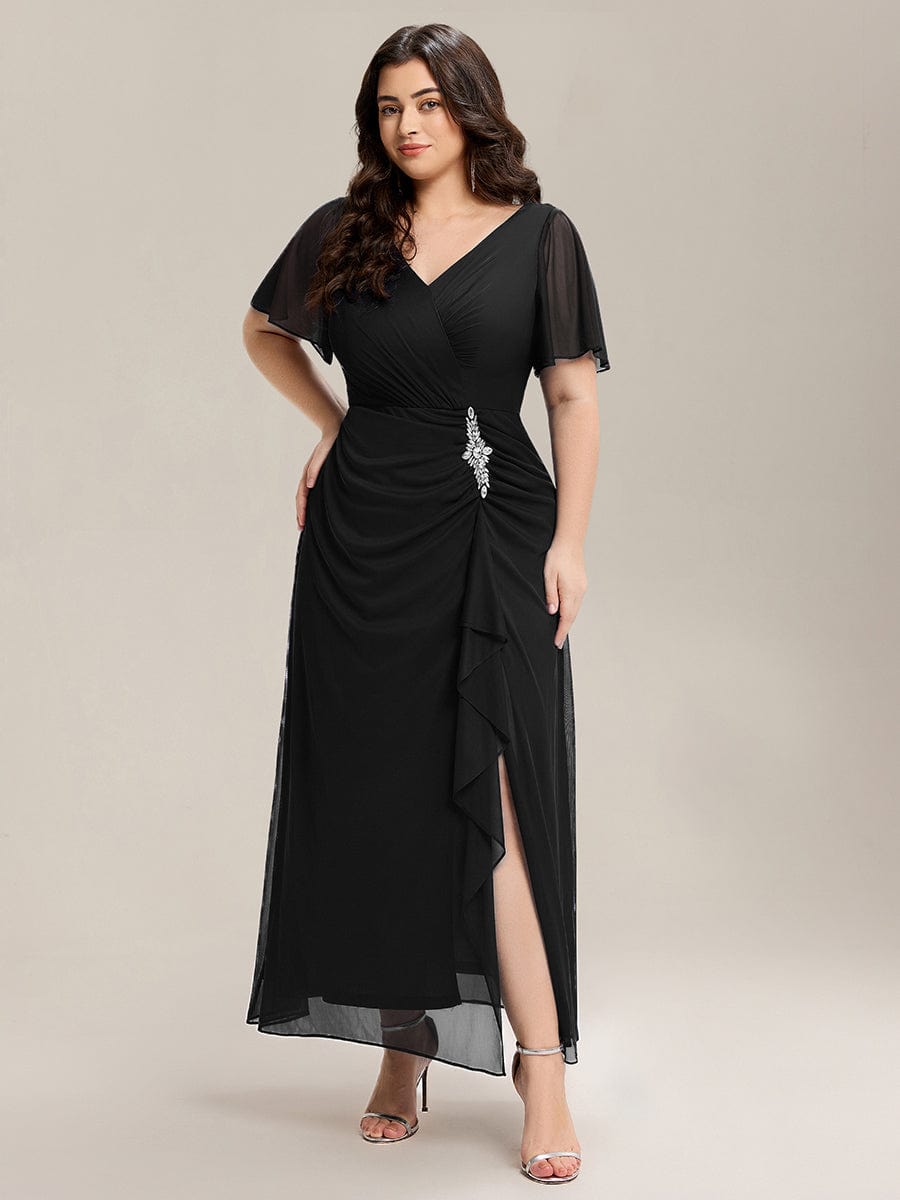 Rhinestone Embellished Chiffon Ruffle Sleeve Dress #color_Black