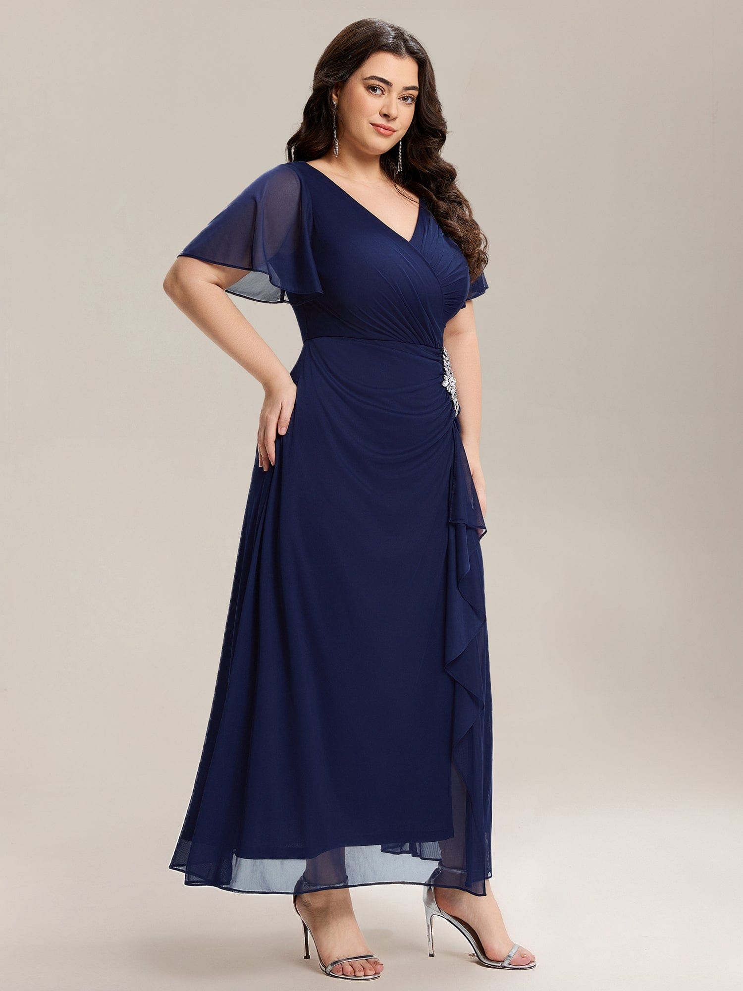Side Split Chiffon Ruffle Sleeve Dress #color_Navy Blue
