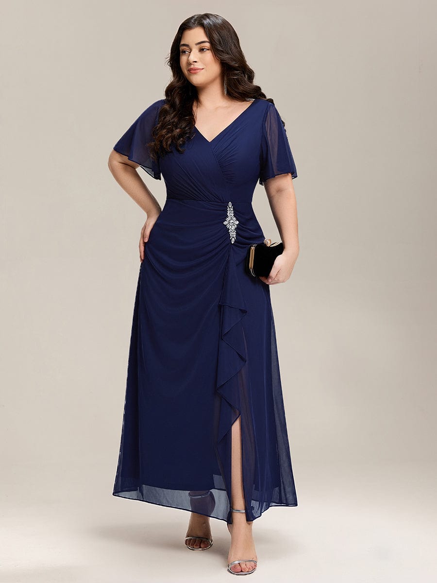 Rhinestone Embellished Chiffon Ruffle Sleeve Dress #color_Navy Blue