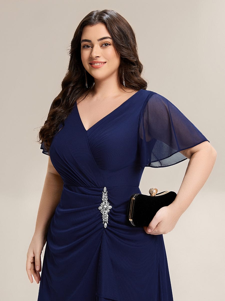 Rhinestone Embellished Chiffon Ruffle Sleeve Dress #color_Navy Blue