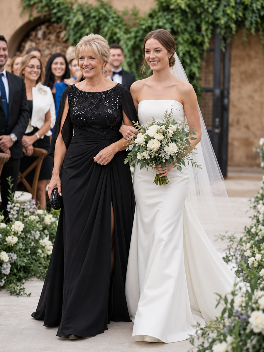 See-through Chiffon Sleeveless Mother of the Bride Dress #color_Black