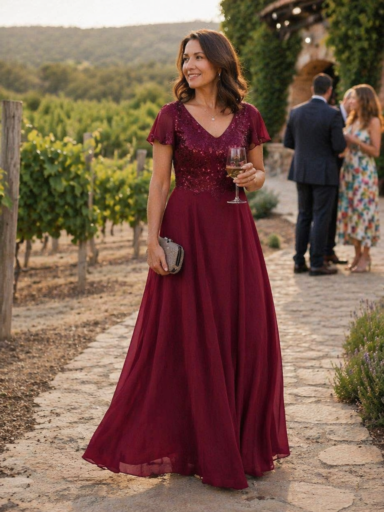 Applique Sequin Ruffle Sleeve Mother of the Bride Dress #color_Burgundy