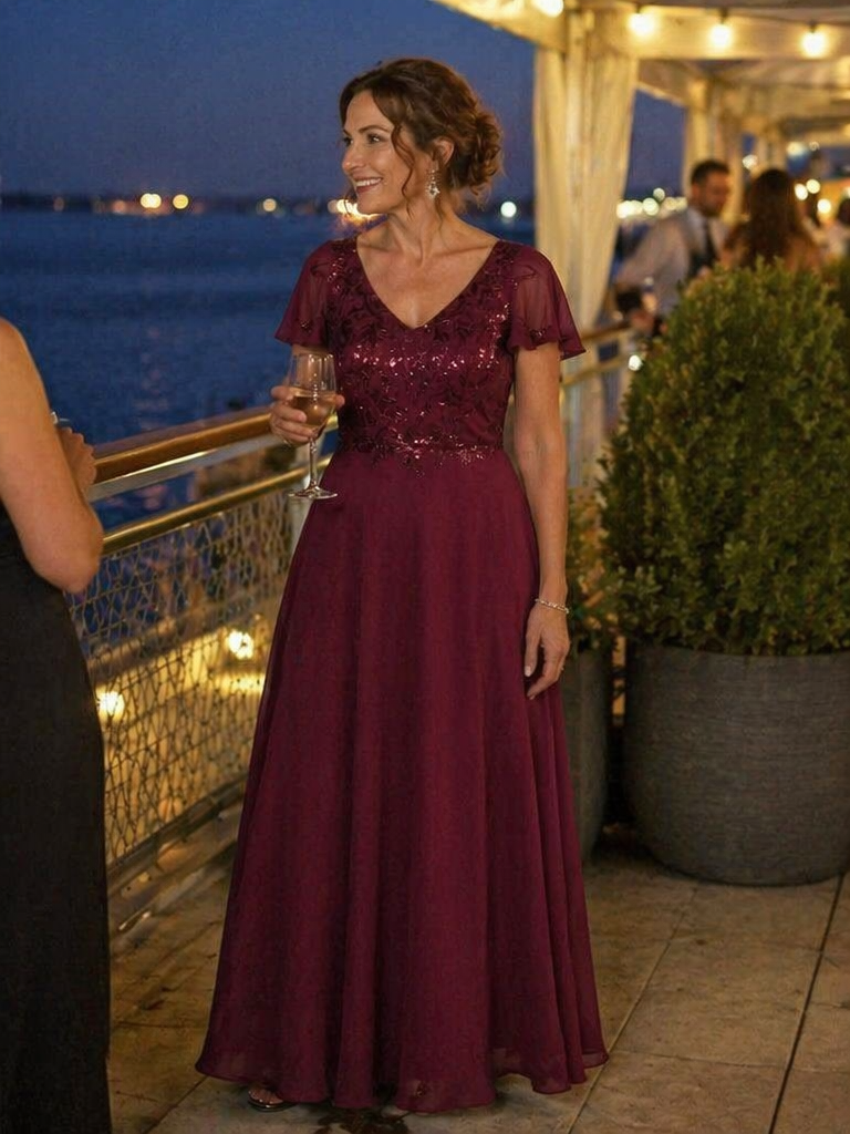 Applique Sequin Ruffle Sleeve Mother of the Bride Dress #color_Burgundy