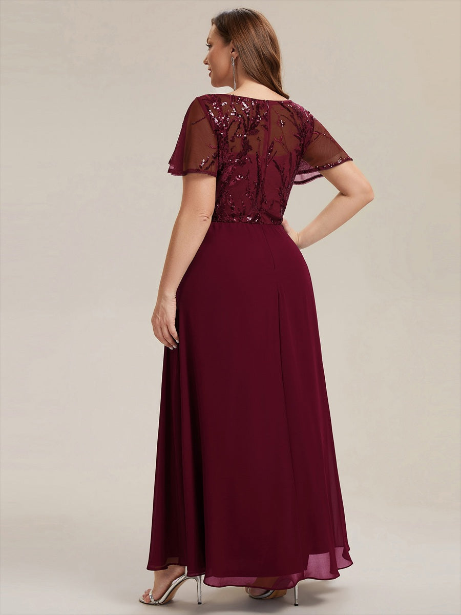 Applique Sequin Ruffle Sleeve Mother of the Bride Dress #color_Burgundy