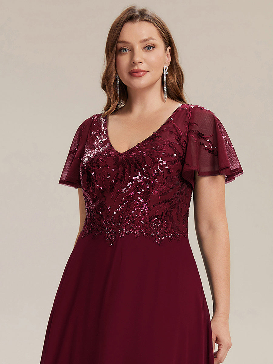 Plus Size Applique Sequin Mother of the Bride Dress #color_Burgundy