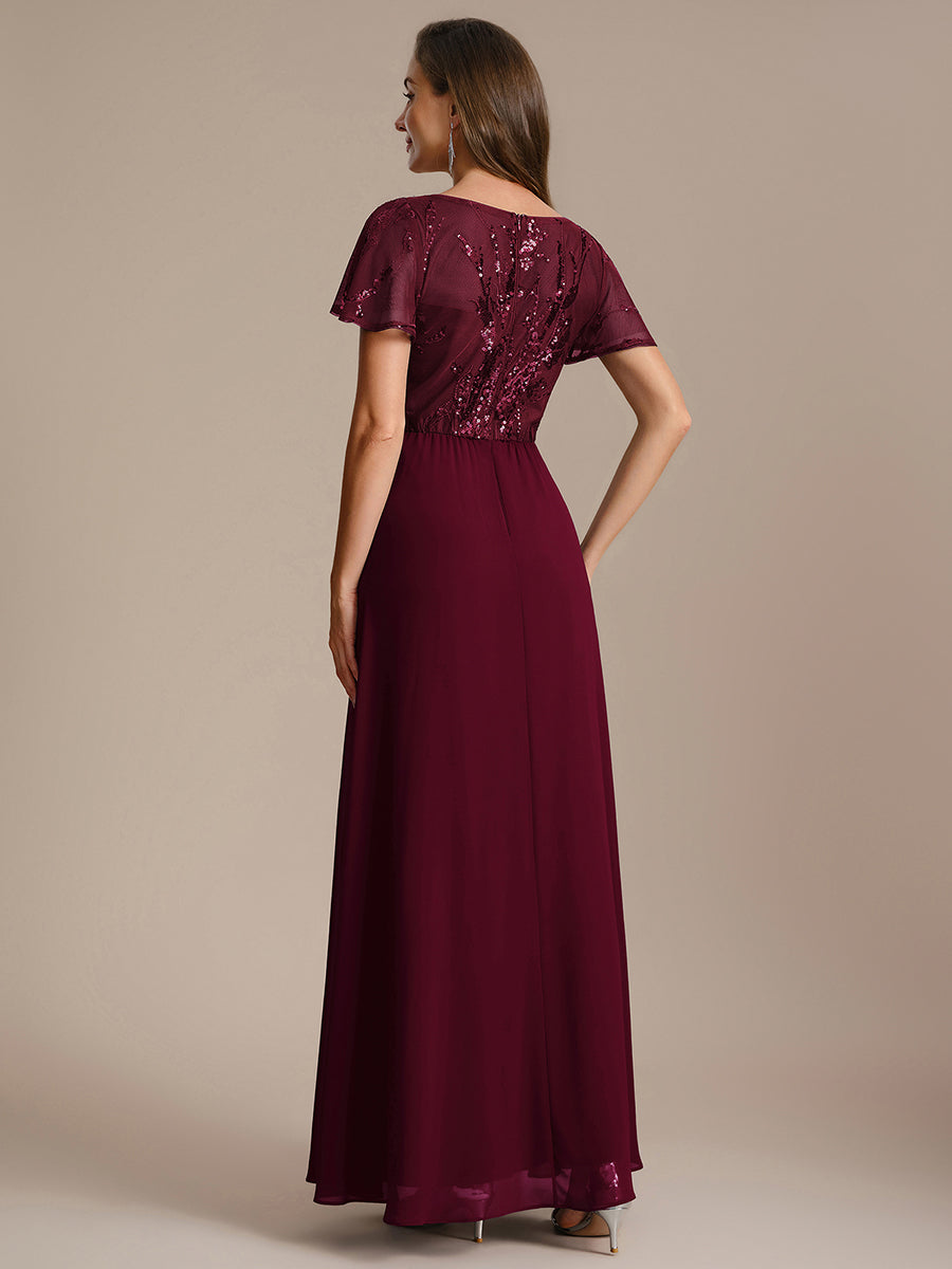 Applique Sequin Ruffle Sleeve Mother of the Bride Dress #color_Burgundy