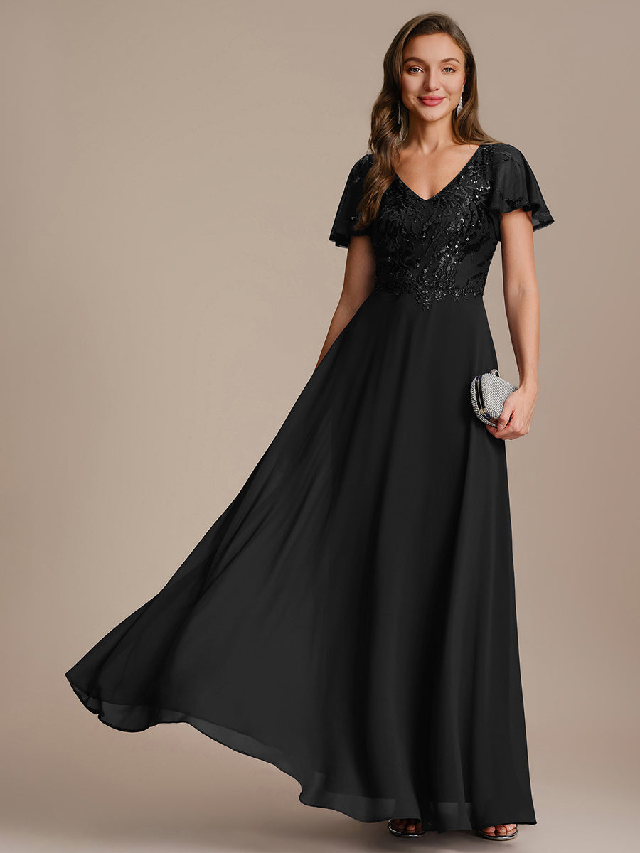 Applique Sequin Ruffle Sleeve Mother of the Bride Dress #color_Black