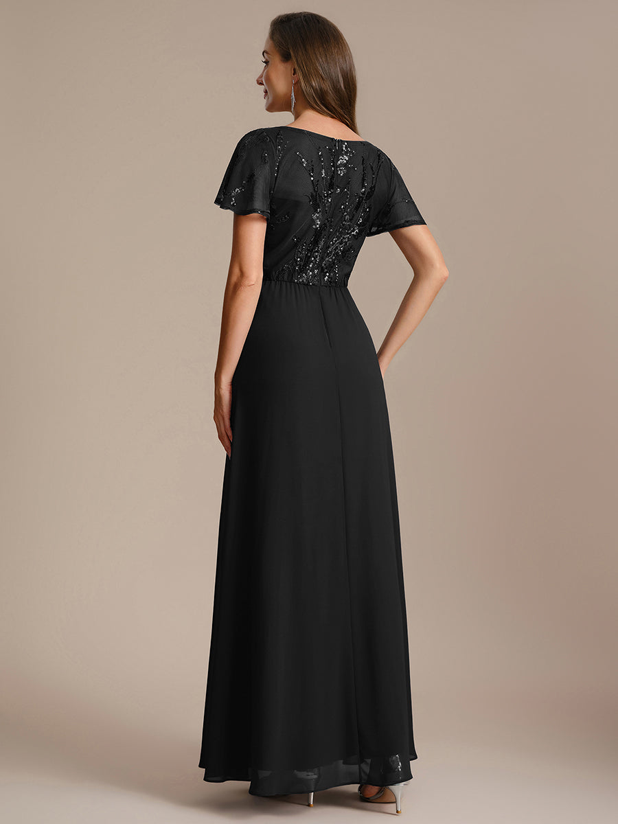 Applique Sequin Ruffle Sleeve Mother of the Bride Dress #color_Black
