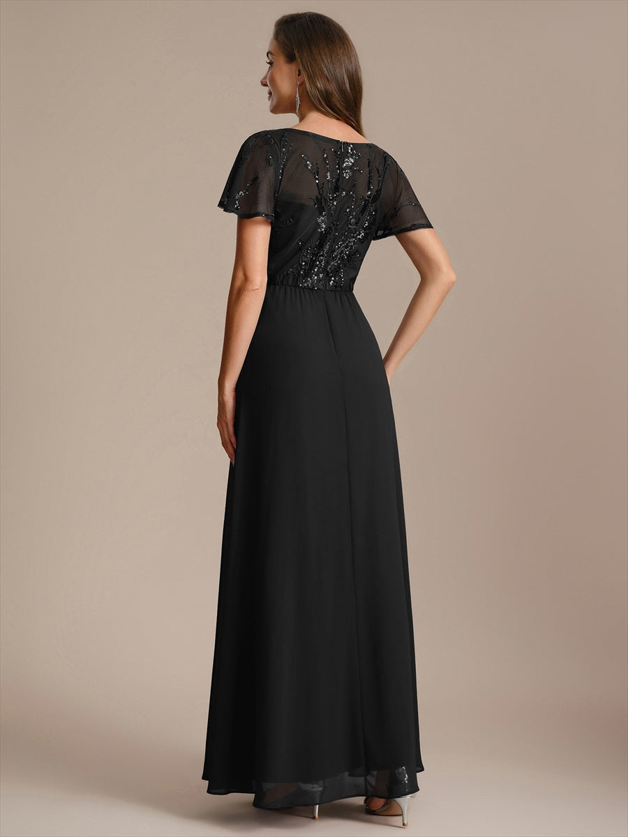 Applique Sequin Ruffle Sleeve Mother of the Bride Dress #color_Black