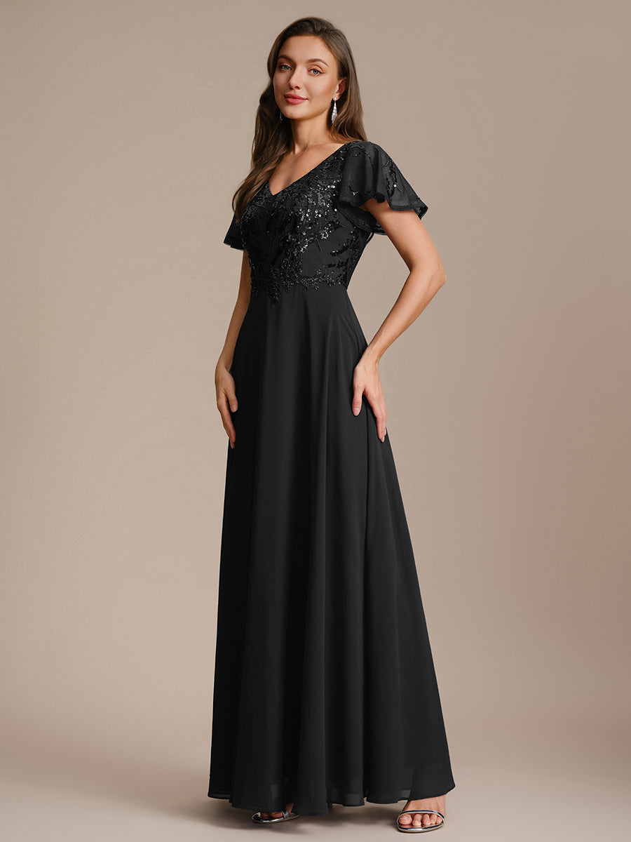Applique Sequin Ruffle Sleeve Mother of the Bride Dress #color_Black
