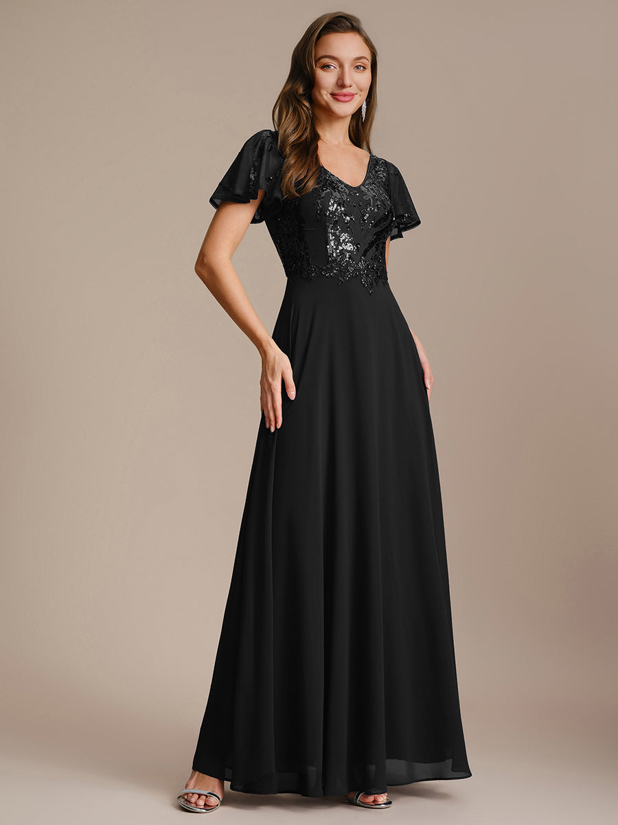 Applique Sequin Ruffle Sleeve Mother of the Bride Dress #color_Black