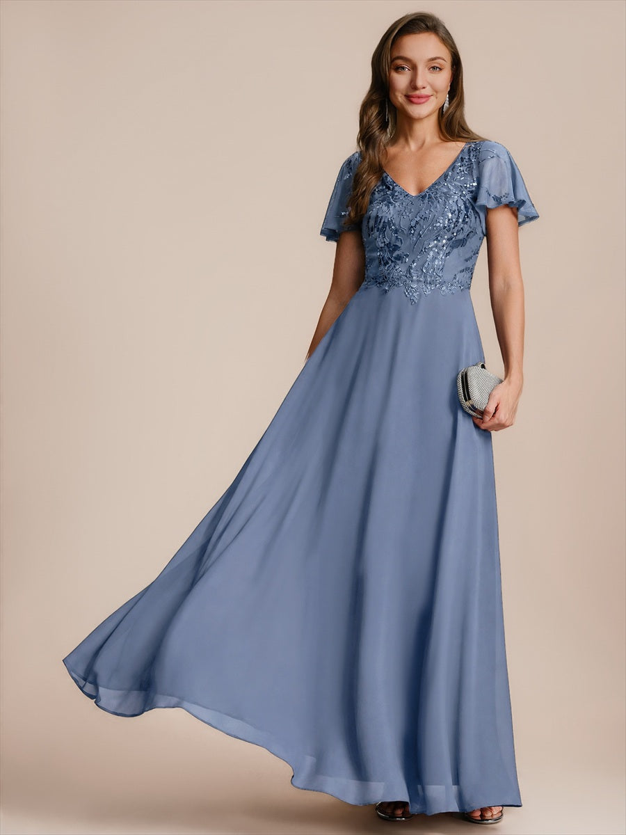 Applique Sequin Ruffle Sleeve Mother of the Bride Dress #color_Dusty Blue