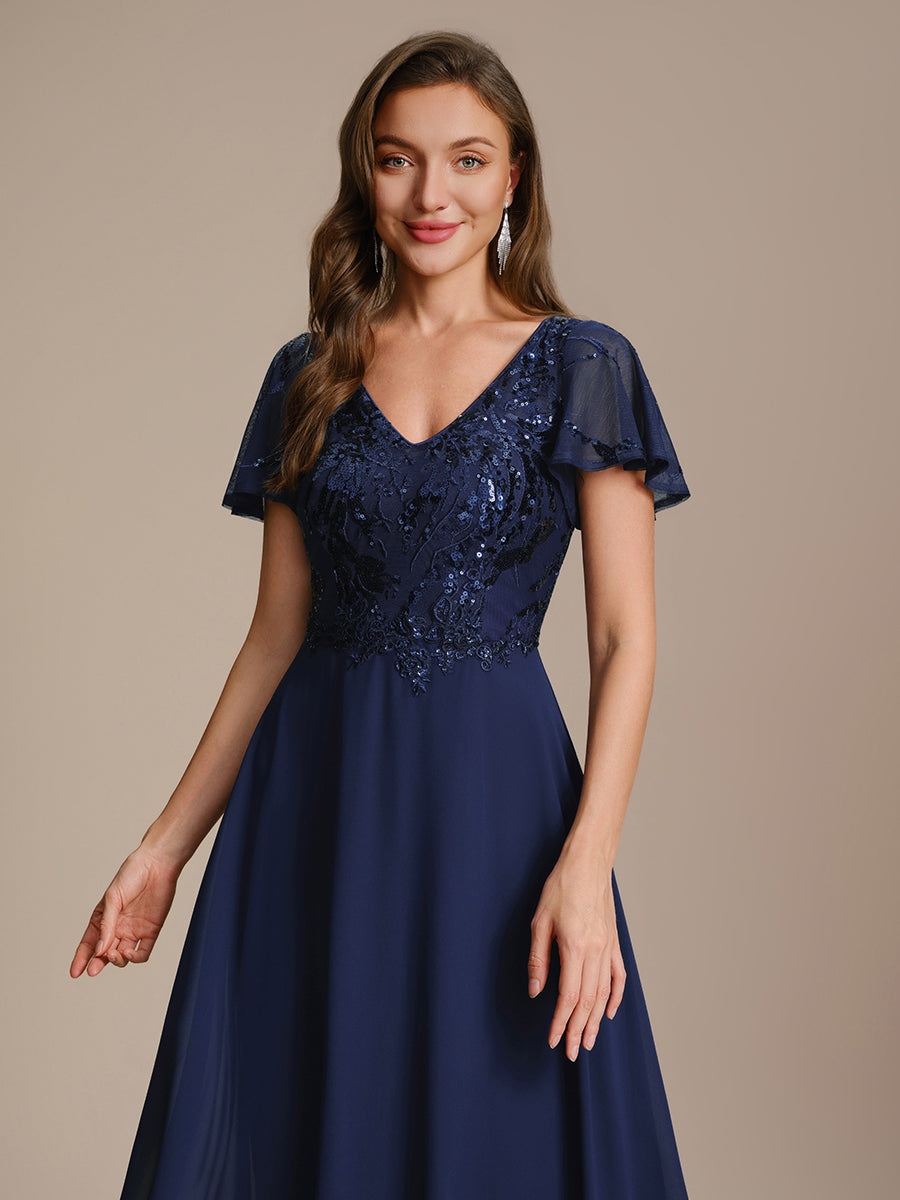 Applique Sequin Ruffle Sleeve Mother of the Bride Dress #color_Navy Blue