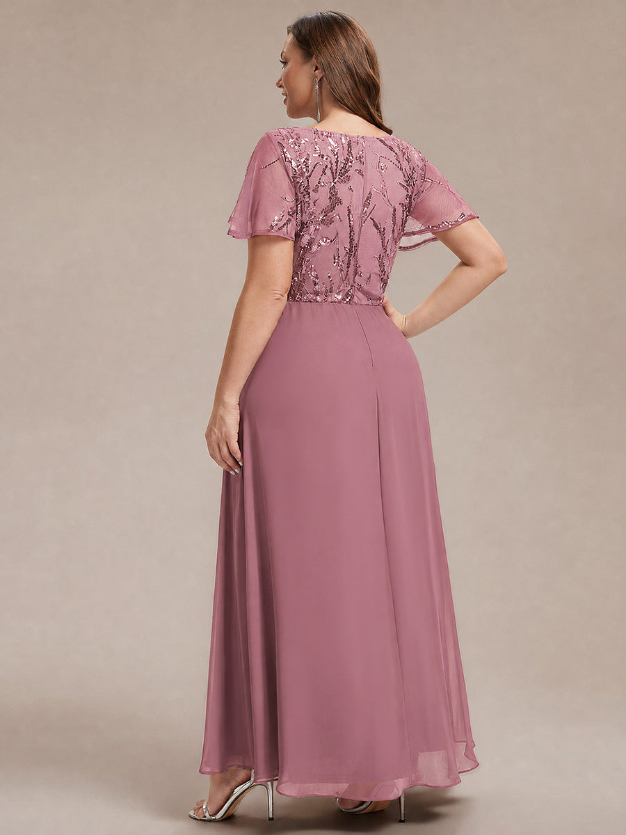 Applique Sequin Ruffle Sleeve Mother of the Bride Dress #color_Purple Orchid