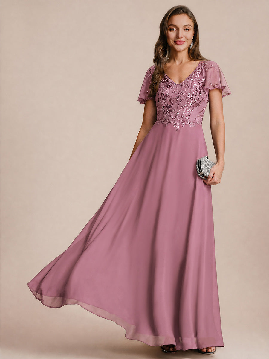 Applique Sequin Ruffle Sleeve Mother of the Bride Dress #color_Purple Orchid
