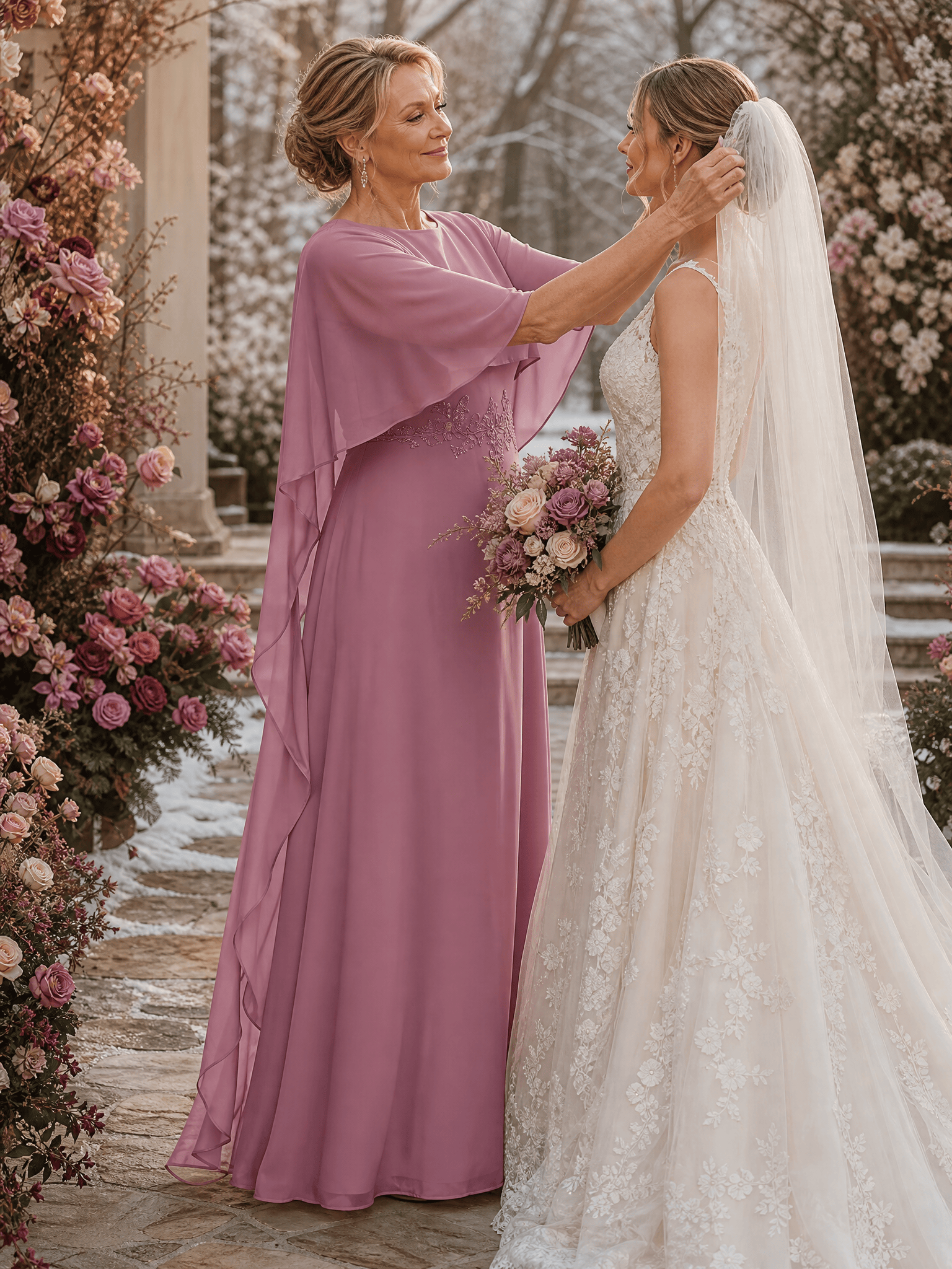 Chiffon Cape Sleeve A-Line Mother of the Bride Dress #color_Purple Orchid