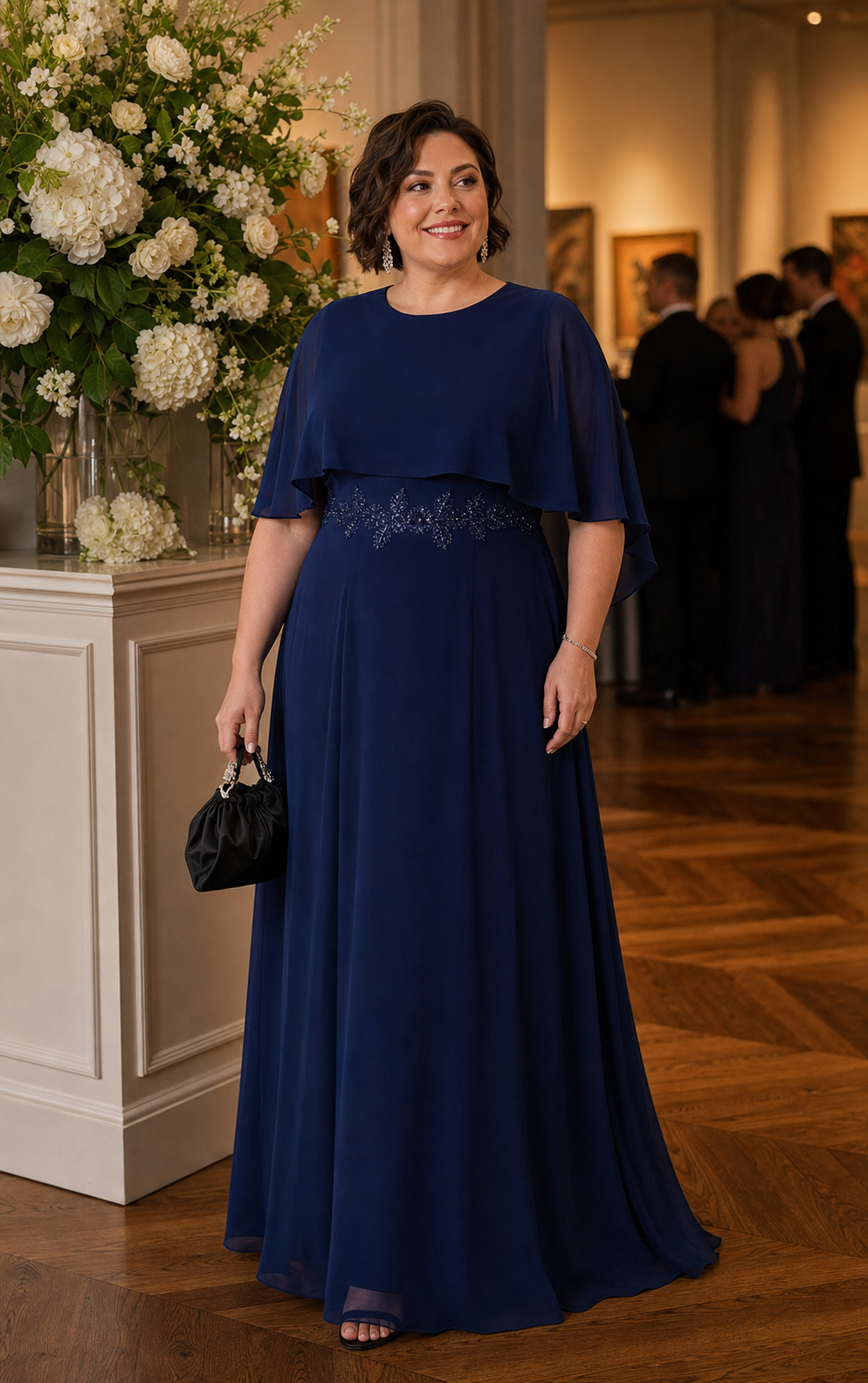 Plus Size Chiffon Cape Sleeve Mother of the Bride Dress #color_Navy Blue